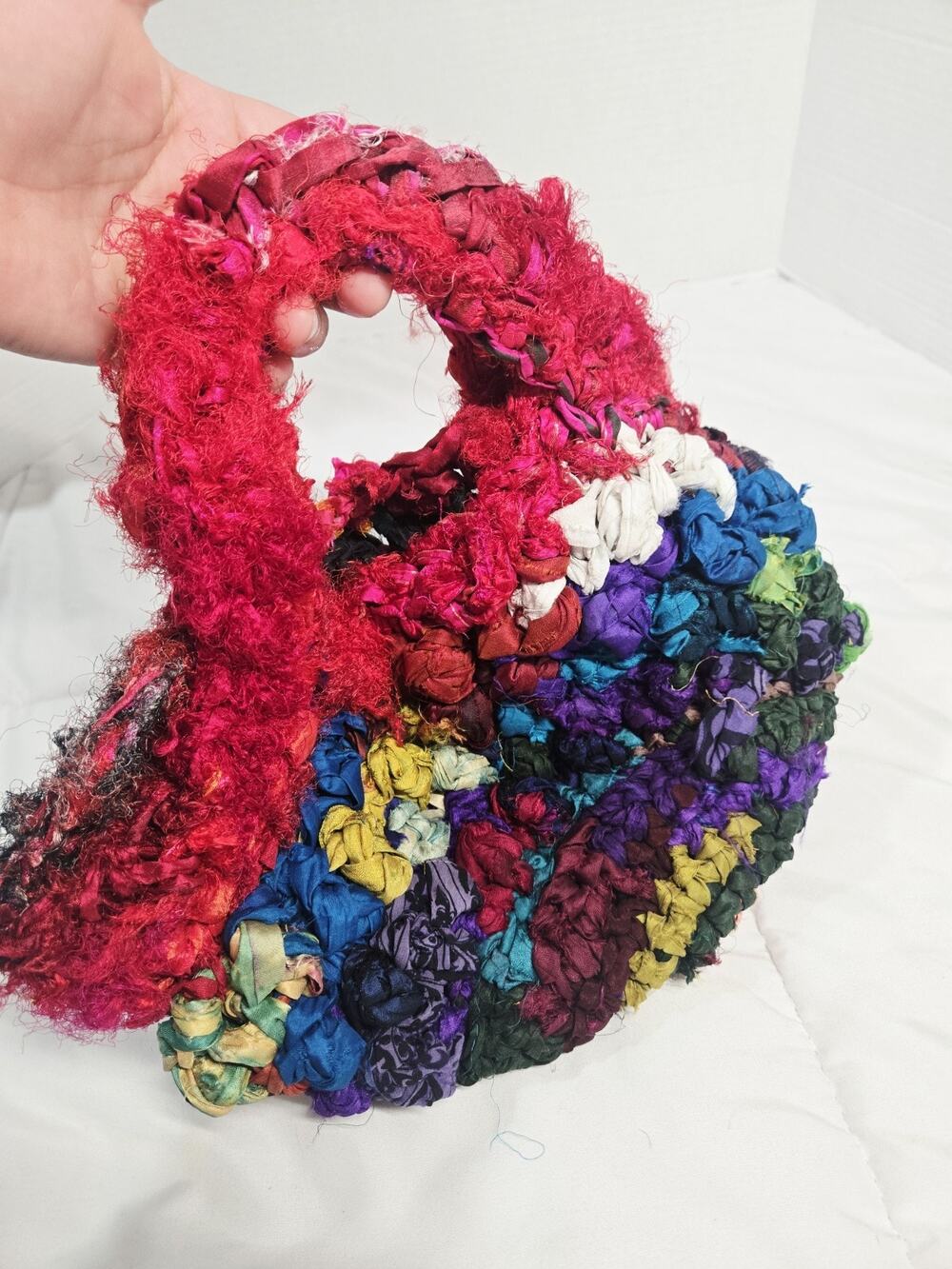 Vtg Boho Trippy Psychedelic Knitted Handbag Purse Tone Straps Indie Retro Summer